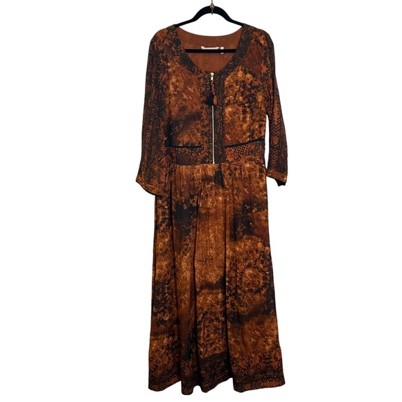 Soft Surroundings Venetian Print Maxi Dress Size 12 Brown Black Tassel Pull Boho - Picture 1 of 13